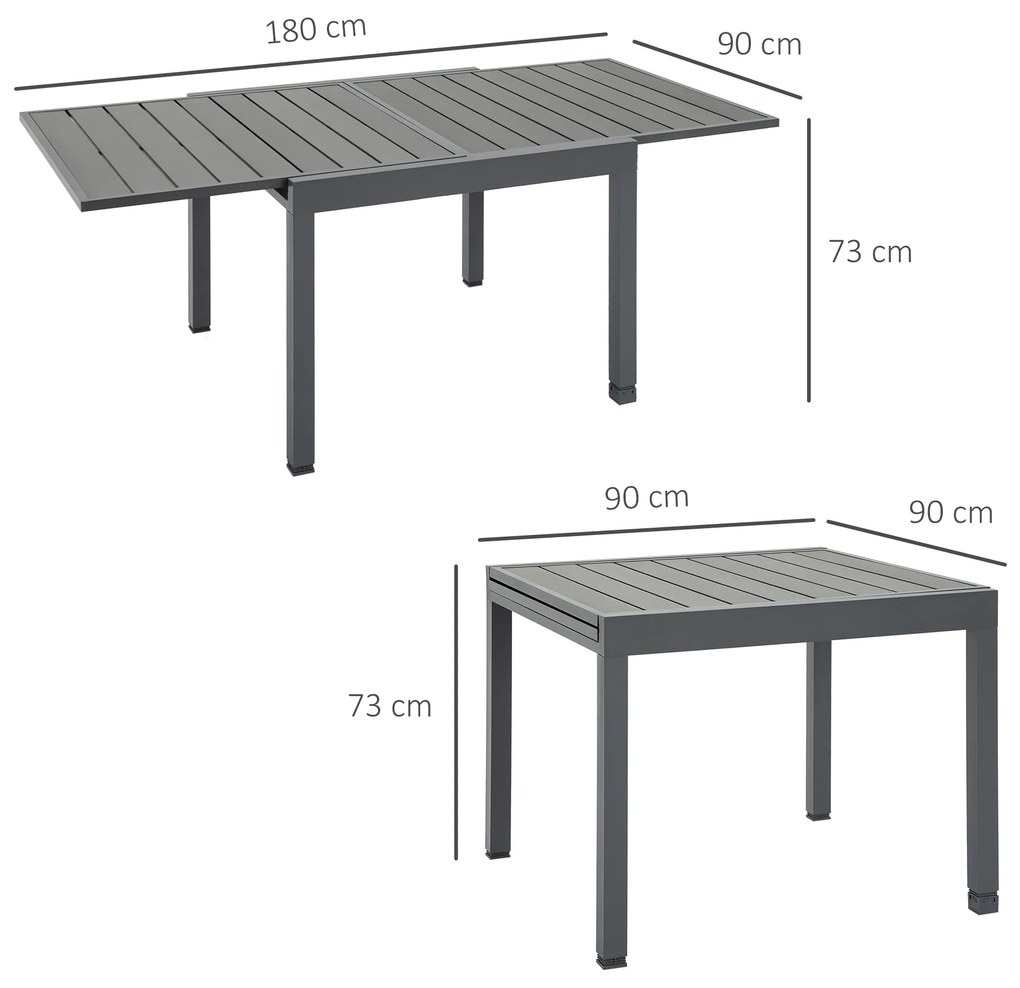 Outsunny Mesa de Jardim Extensível de Alumínio Mesa de Jantar Retangular para 4-6 Pessoas Carga Máxima 70kg para Pátio Terraço Exterior 180x90x73cm Cinza