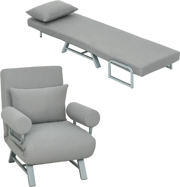 poltrona Sofá Cama Dobrável Estofado em Linho Sintético com Encosto Ajustável em 5 Níveis e Almofada Acolchoada 73x78x81 cm Cinzento Claro