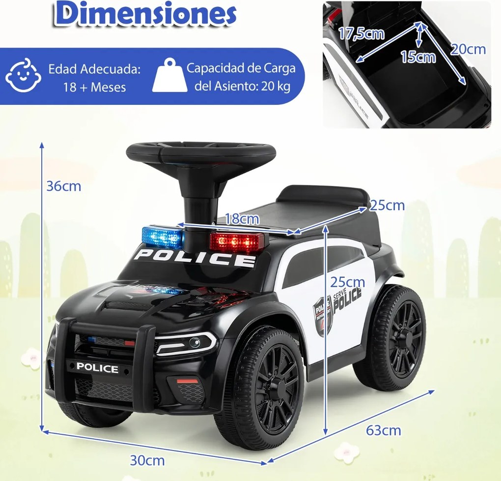 Andador de polícia deslizante para bebés com mais de 18 meses, com luzes, música e sirene, arrumação debaixo do assento, preto