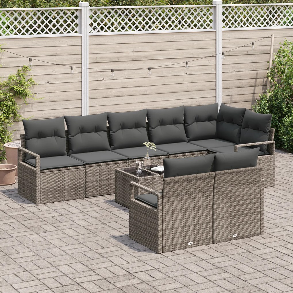 Conjunto de Sofá de Jardim de 8 Peças com Almofadas Negras de Rattan P