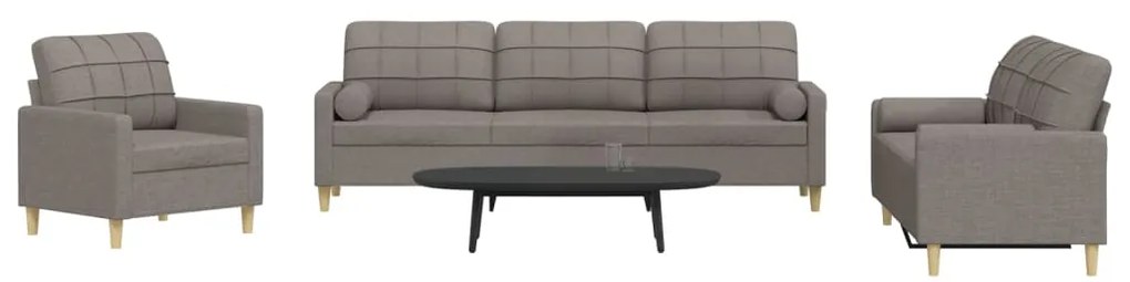 3 pcs conjunto de sofás com almofadas tecido cinza-acastanhado