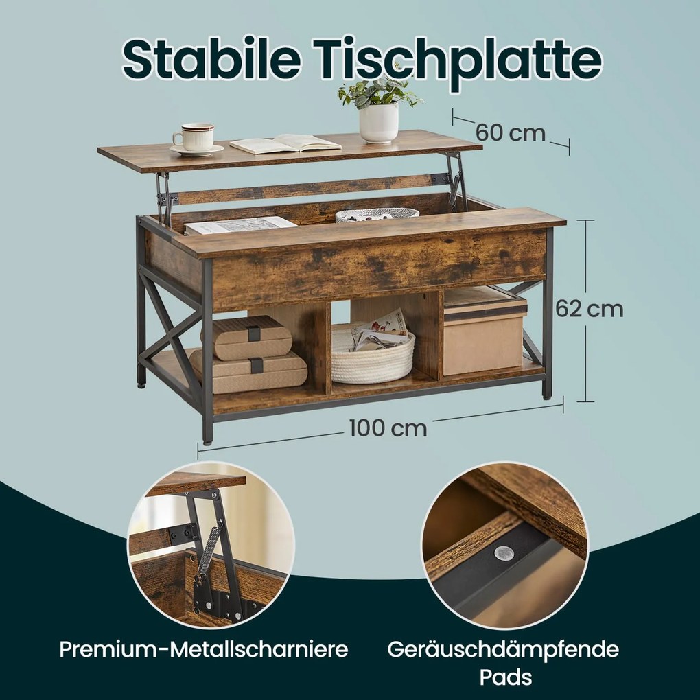 Mesa de centro com altura ajustável 60 x 100 x (48-62) cm castanho vintage-preto