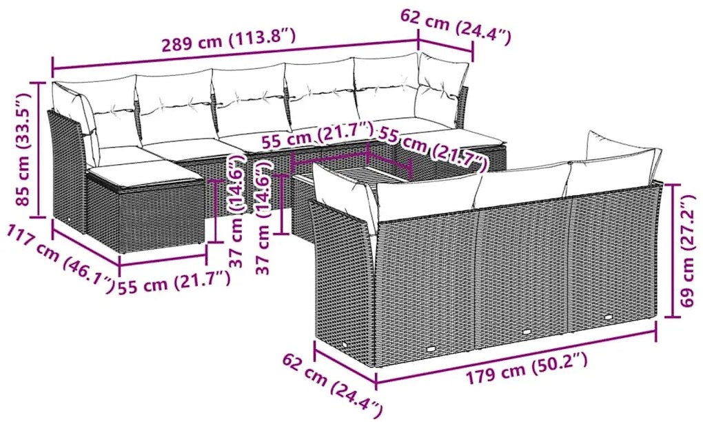 11 pcs conjunto sofás de jardim c/ almofadões vime PE preto