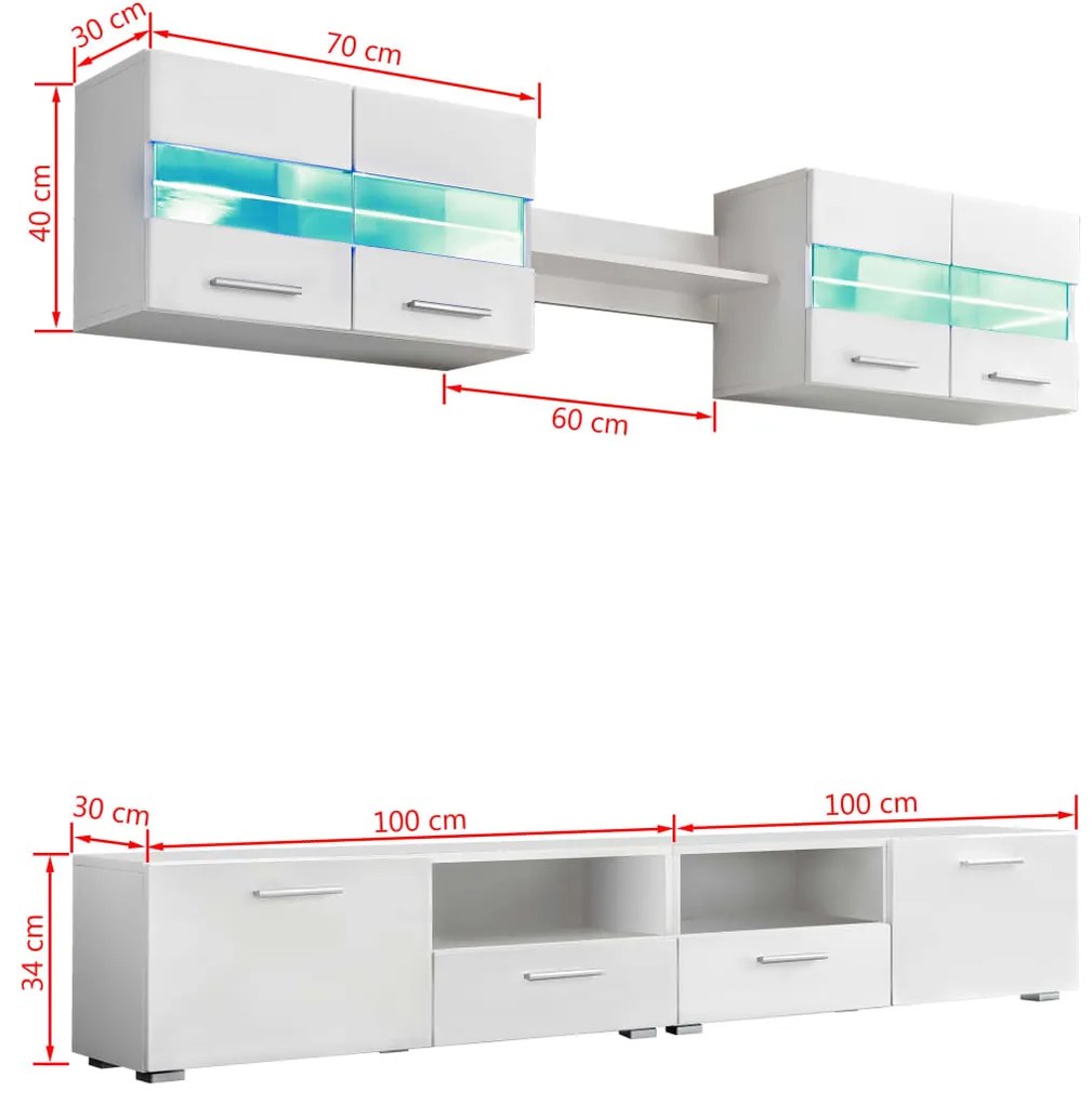 Conj. unidades de parede p/ TV luzes LED 5 pcs branco brilhante