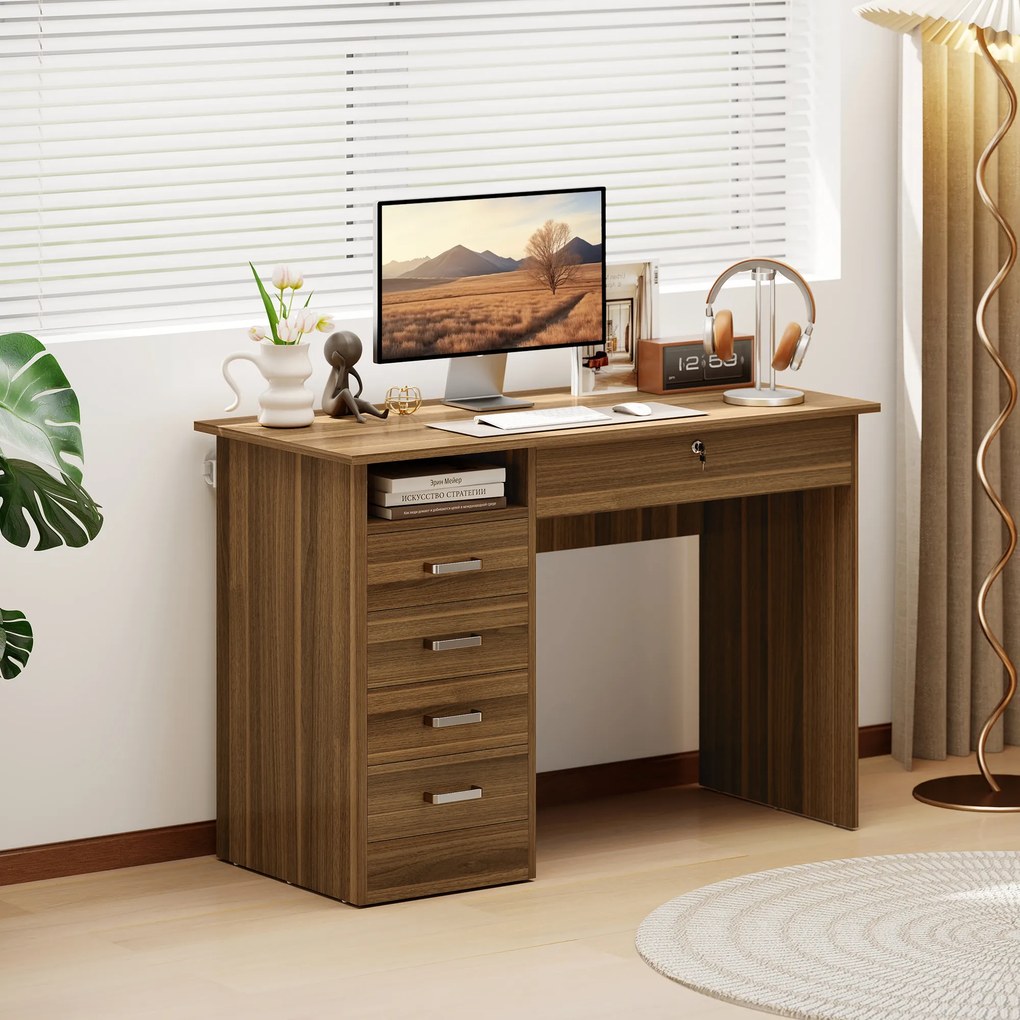 Secretária com 5 gavetas, 110 x 50 cm, com arrumação, prateleira aberta, gaveta com fechadura, cor nogueira