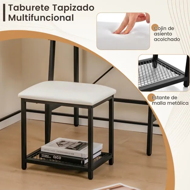 Toucador maquiagem em formato de escada com cadeiras de painel duplo, compartimentos ocultos e banco acolchoado Preto + Castanho Rústico