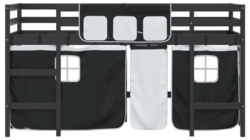 Cama alta criança c/ cortina 90x200cm pinho maciço branco/preto
