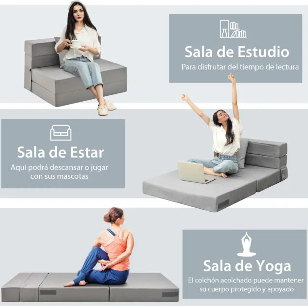 Sofá-cama de 3 seções com colchão dobrável de espuma de alta densidade com travesseiro capa lavável com fecho Cinzento