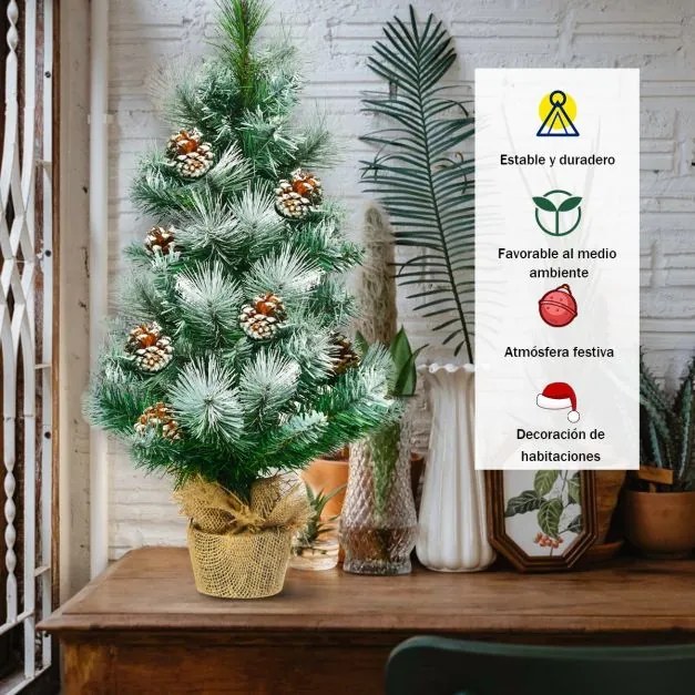 Árvore de Natal 60 cm efeito neve com pinhas decorativas, base estável em cimento e linho, decoração para interiores e secretárias Verde