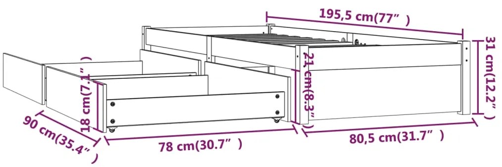 Estrutura de cama c/ gavetas pequena solteiro 75x190 cm