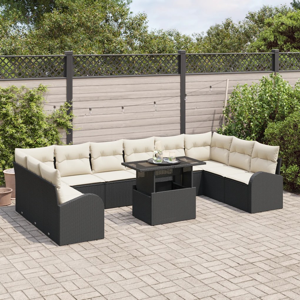 Conjunto de Sofá de Jardim de 11 Peças com Almofadas Rattan Poli Preto
