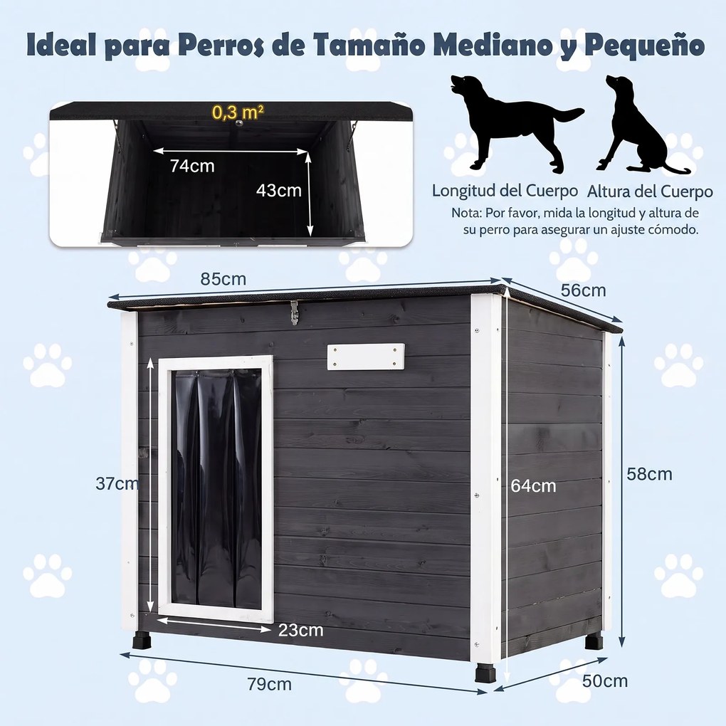 Casota para Cães, 85,5 x 56,5 x 64,5 cm, Teto de Asfalto Impermeável, Cinzento