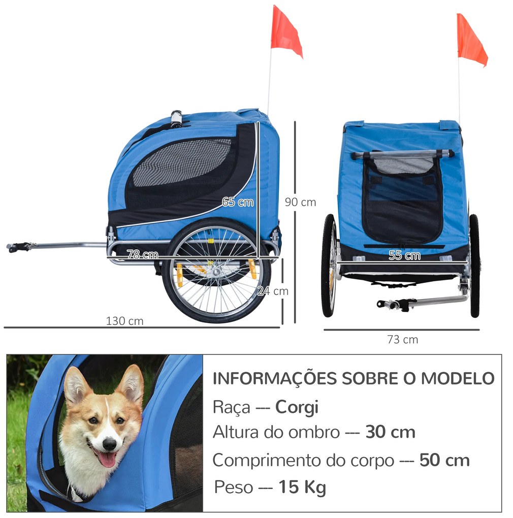 Reboque de Bicicleta para Cães Reboque de Bicicleta para Animais de Estimação com Bandeira Reflectores 130x73x90cm Azul