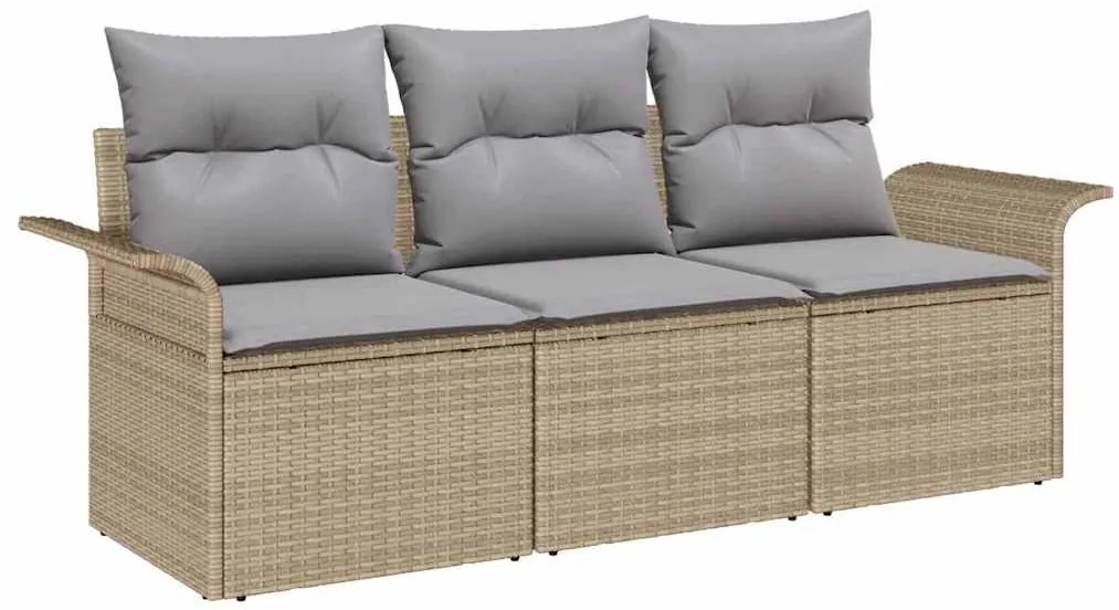 Conjunto de Sofá de Jardim de 3 Peças com Almofadas em Vime Bege