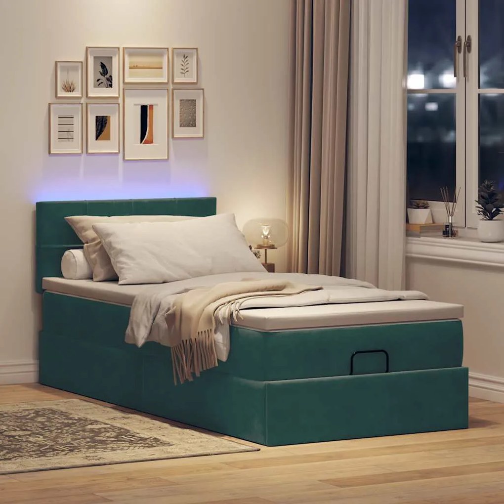 Cama otomana com colchão &amp; LEDs 90x200cm veludo verde-escuro