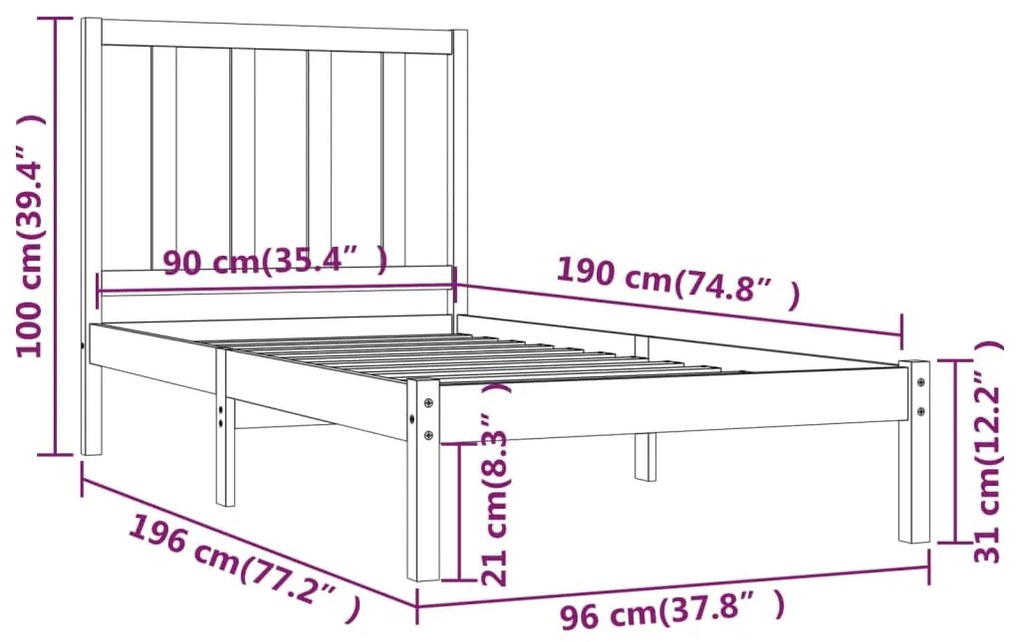 Estrutura de cama solteiro 90x190 cm pinho maciço