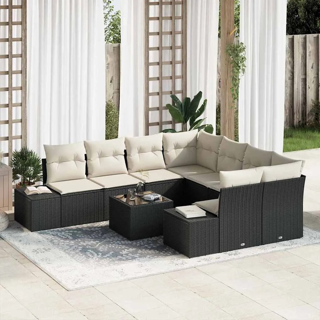 vidaXL Conjunto de Sofá de Jardim 9 pcs Preto e Creme vime PE