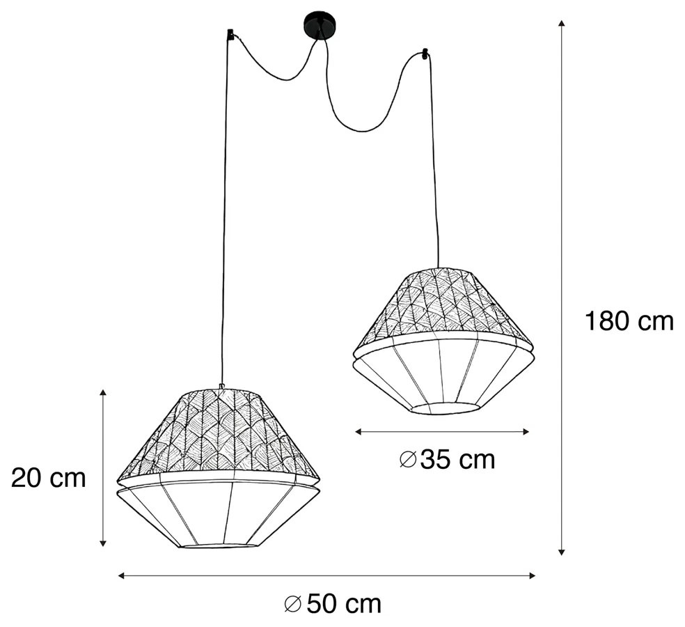 Candeeiro suspenso preto com abajur duplo de veludo com design de folha e bege 2 luzes - Cava Luxe