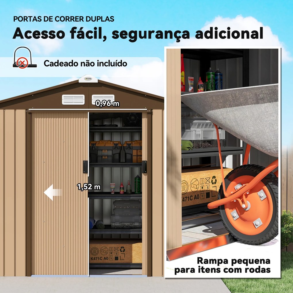 Abrigo de Jardim 2,42 m² 213x130x185 cm Abrigo de Jardim Metálico com Porta Deslizante Ventilação e Kit de Fundação Castanho
