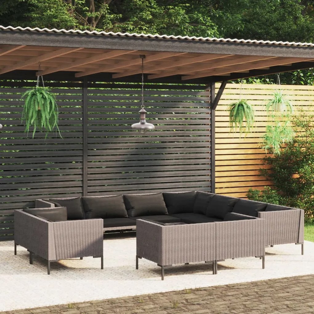 vidaXL 11 pcs conj. lounge jardim c/ almofadões vime PE cinza-escuro