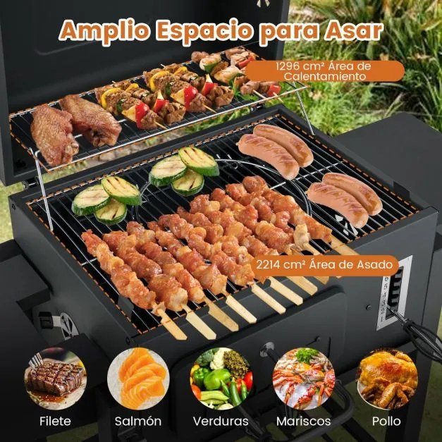 Churrasqueira XXL portátil com tampa e 2 mesas laterais dobráveis, 3 ganchos 2 rodas e abridor de garrafas 132 x 57 x 106 cm preto