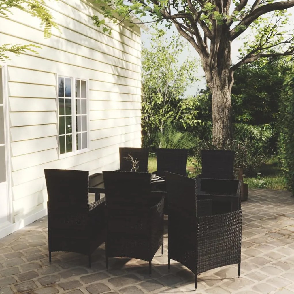 vidaXL 7 pcs conjunto jantar exterior com almofadões vime PE preto