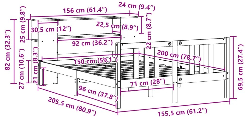 Cama com estante sem colchão 150x200 cm pinho maciço branco