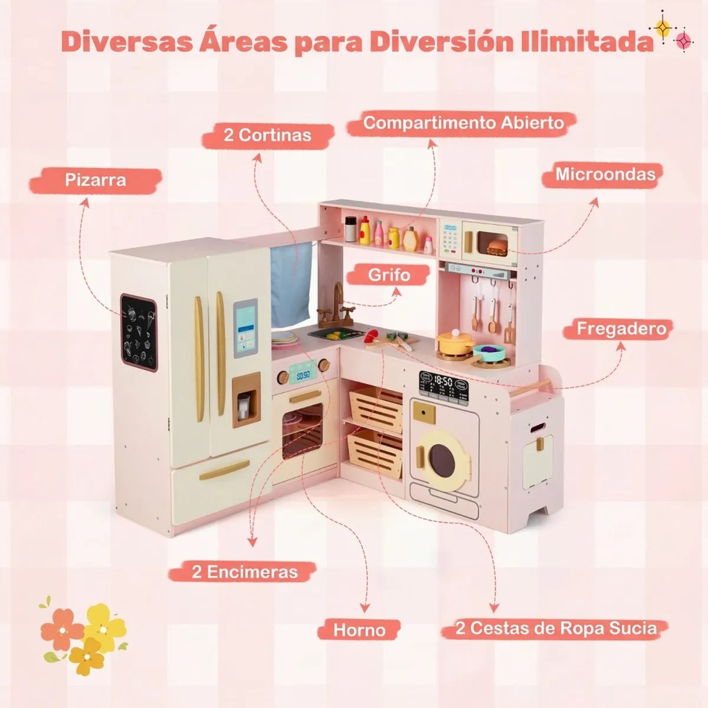 Cozinha infantil canto 102 × 100 × 94 cm com luzes e sons, frigorífico de duas portas, Geleira, micro-ondas e arrumação em madeira para crianças a par