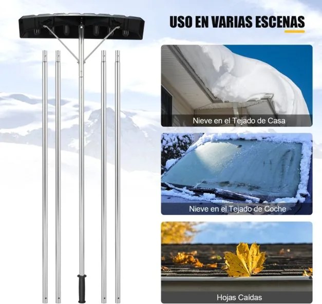 Ancinho de alumínio limpar neve regulável em altura 1,48-6,08m com 4 hastes extensíveis Limpa-neves para telhados e carros Preto + Cinzento