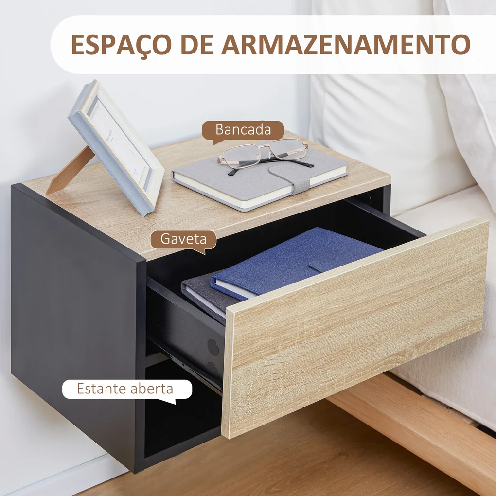 Conjunto de 2 Mesas de Cabeceira Flutuantes com 1 Gaveta e Prateleira ...