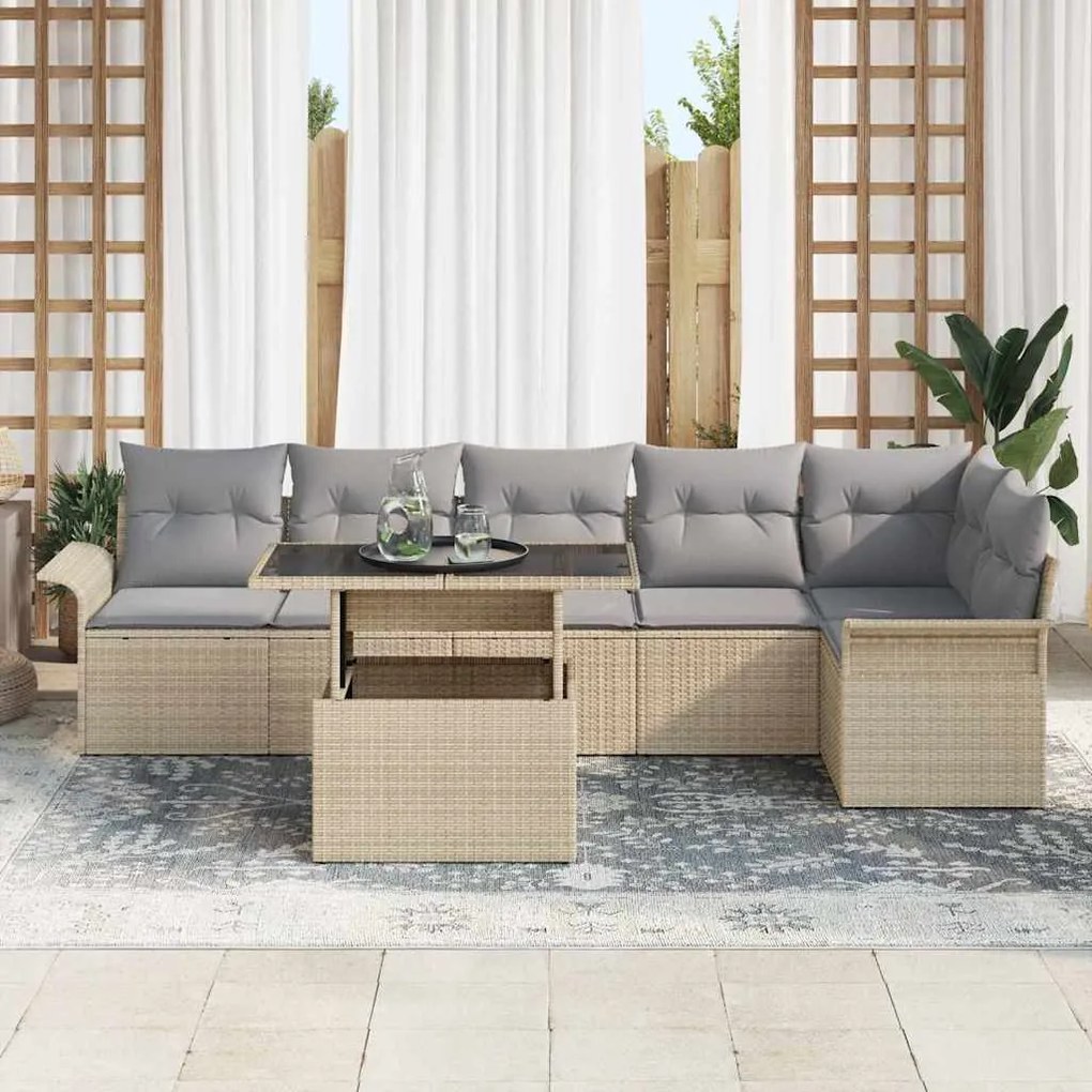 Conjunto de Sofá de Jardim de 7 Peças com Almofadas Bege de Rattan Pol