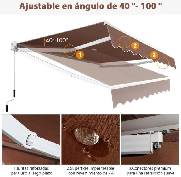Toldo retrátil 245 x 200 cm com manivela manual em poliéster impermeável, marquise em alumínio para porta de parede ou janela Cor de Vinho