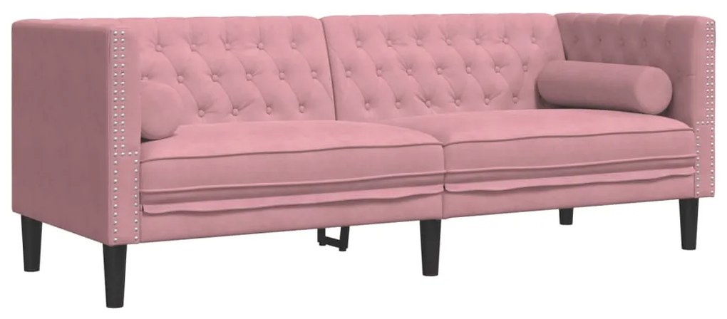 3 pcs conjunto de sofás chesterfield com rolos veludo rosa