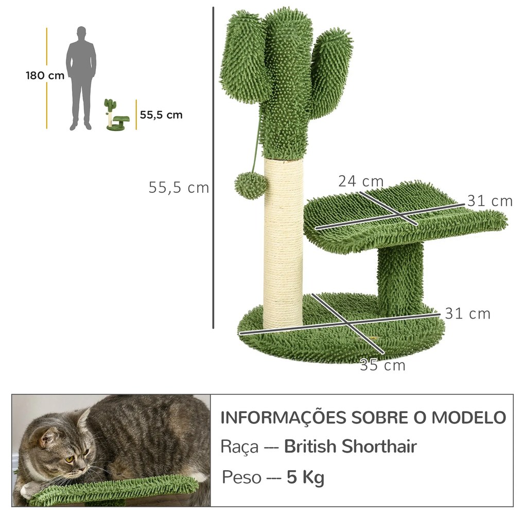 PawHut Arranhador para Gatos em Forma de Cactus de 55,5 cm Torre para