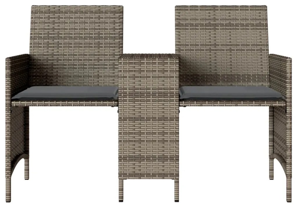 Sofá de jardim de 2 lugares com mesa e bancos vime PE cinzento