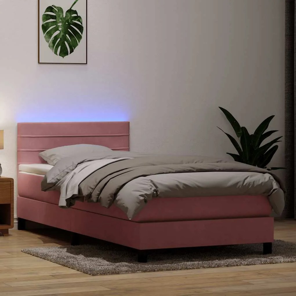 vidaXL Cama box spring c/ colchão e LED rosa 90x220 cm veludo