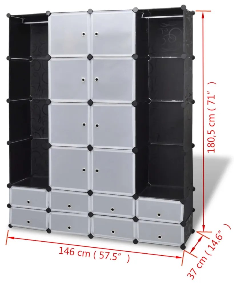 Armário plástico modular 18 gavetas 37x146x180,5cm preto branco