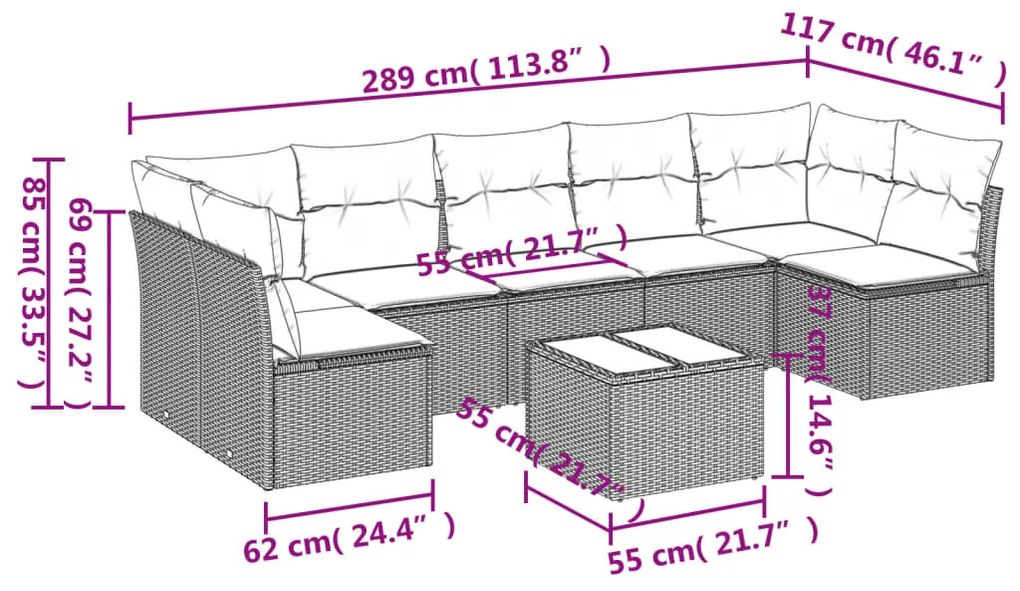 8 pcs conjunto de sofás p/ jardim com almofadões vime PE bege