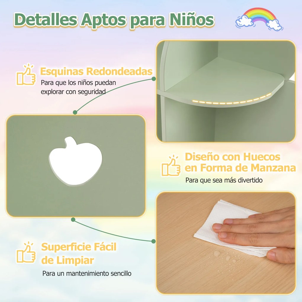 Estante infantil em forma de árvore com 8 cubos abertos 97 x 28 x 114 cm, com padrão de maçãs recortadas, para quarto infantil, sala de jogos ou crech