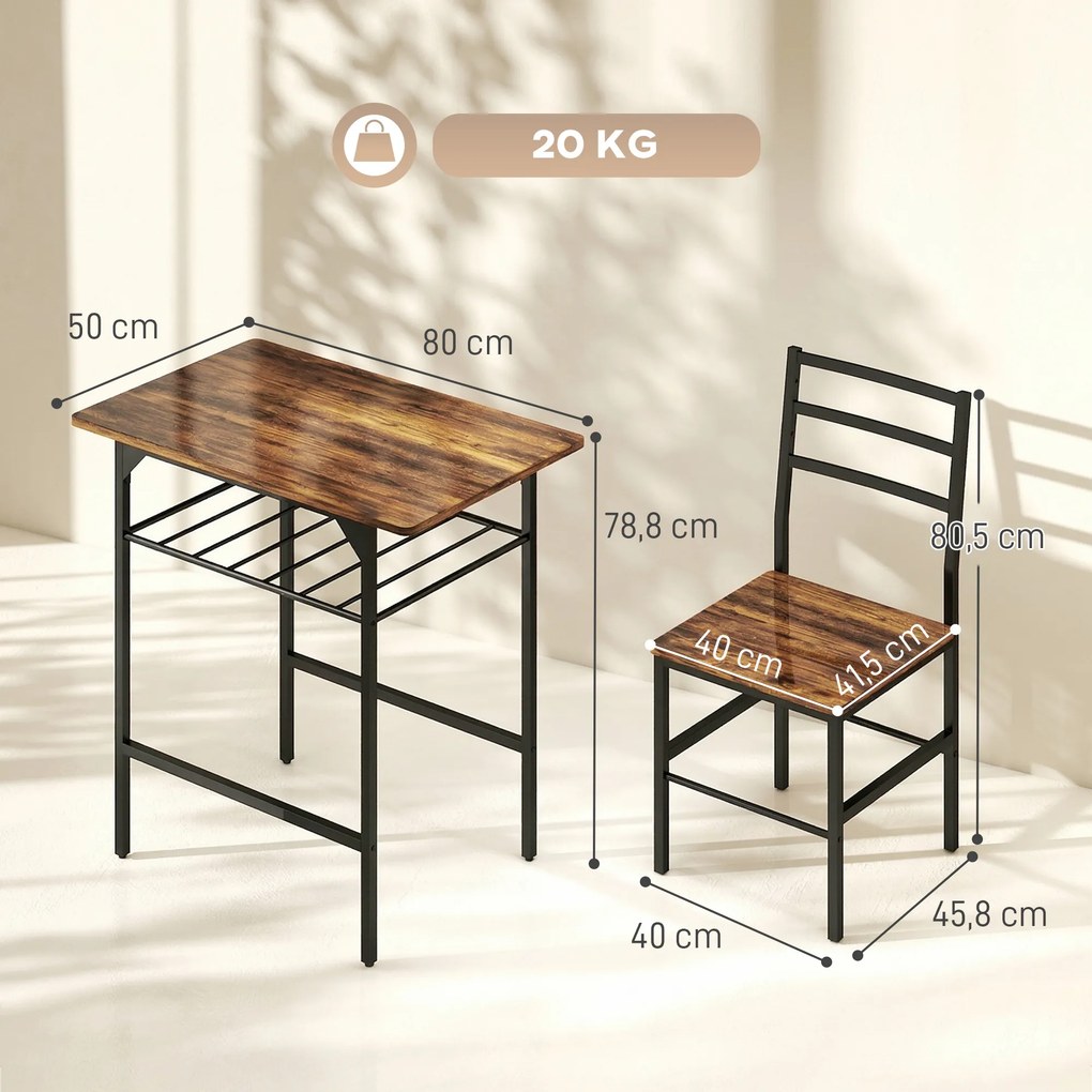 Conjunto de mesa de jantar com 2 cadeiras, mesa de cozinha com cadeiras para 2 pessoas, estrutura em metal, castanho