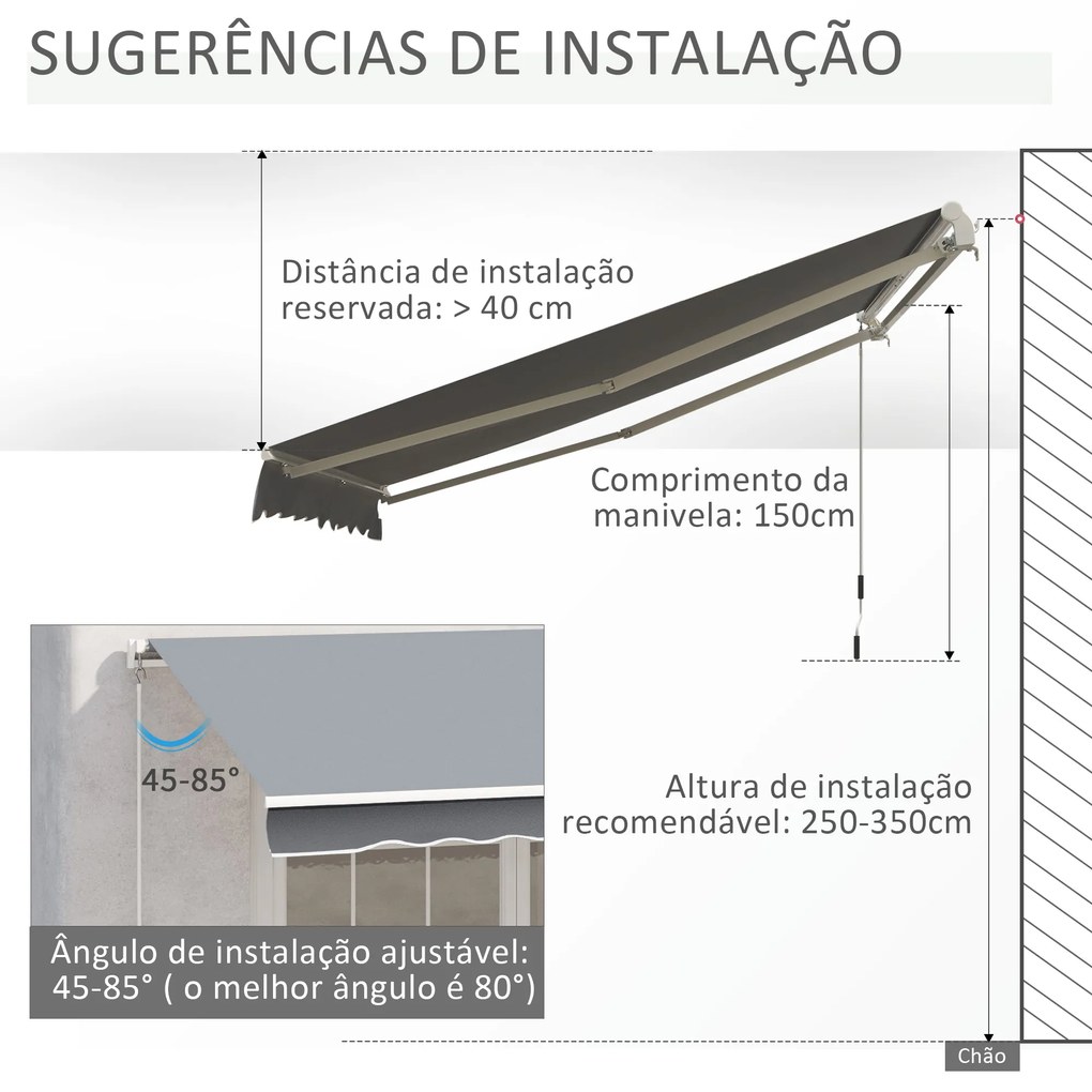 Outsunny Toldo Manual Retrátil com Manivela 295x245cm Toldo Enrolável Alumínio com Proteção Solar para Janela Portas Balcão Terraço Exterior Cinza