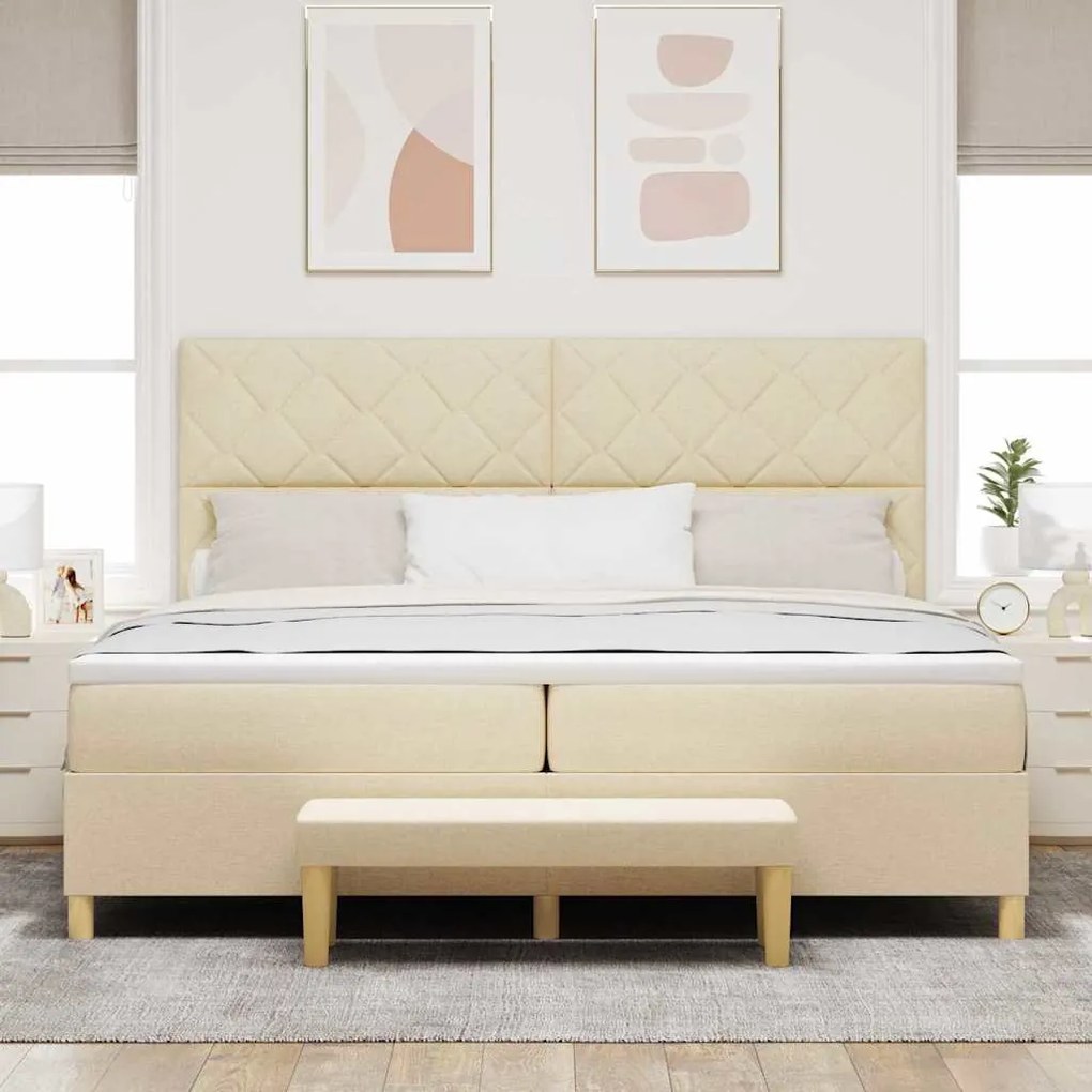 Cama Box Spring com Colchão e Banco Creme 200x200 cm Tecido