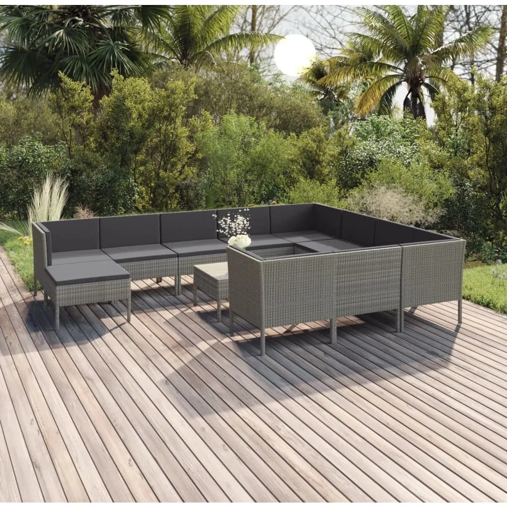 vidaXL 12 pcs conjunto lounge de jardim c/ almofadões vime PE cinzento