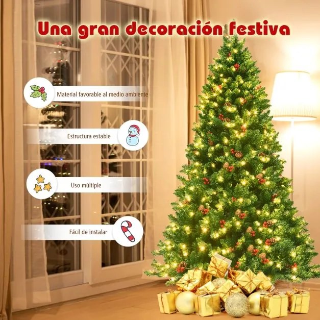 Árvore de Natal iluminada de 2 m com 1100 ramos de pinhas decorativas e bagas vermelhas para casa, escritório, lojas e hotéis Verde
