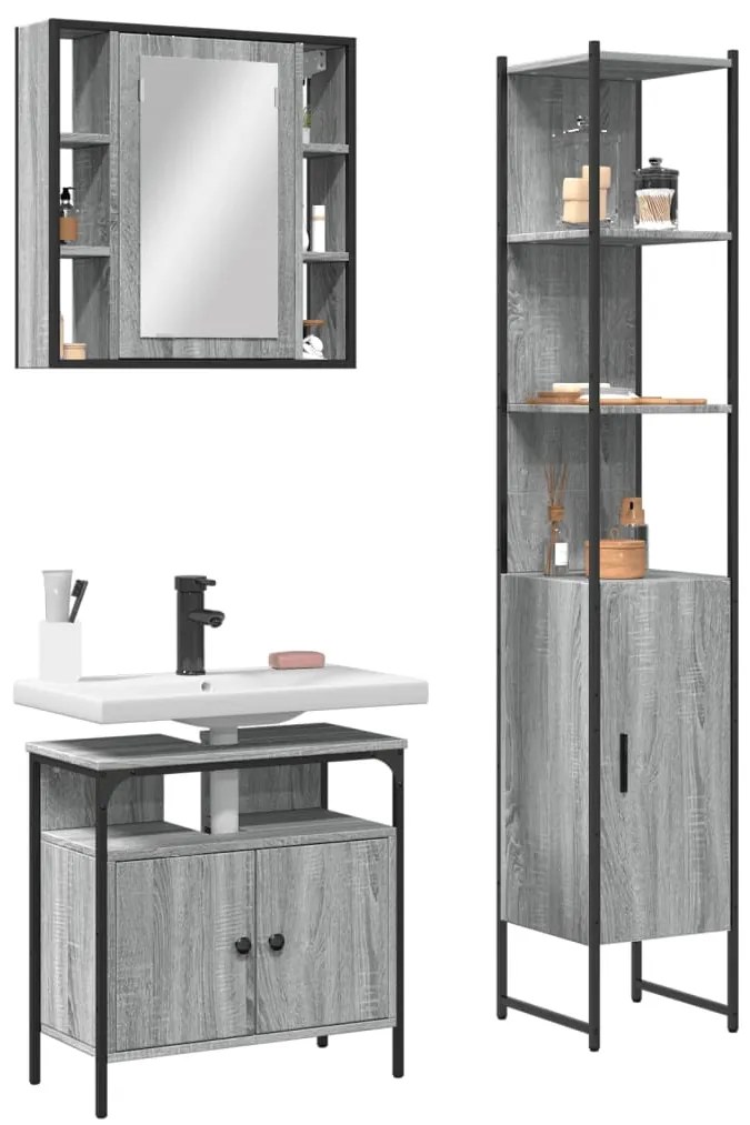 3 pcs conjunto móveis WC derivados de madeira cinzento sonoma