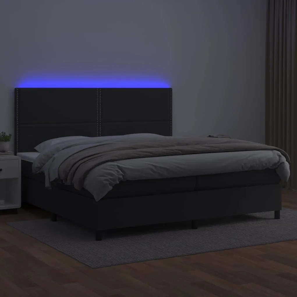 Cama box spring c/ colchão/LED 200x200cm couro artificial preto