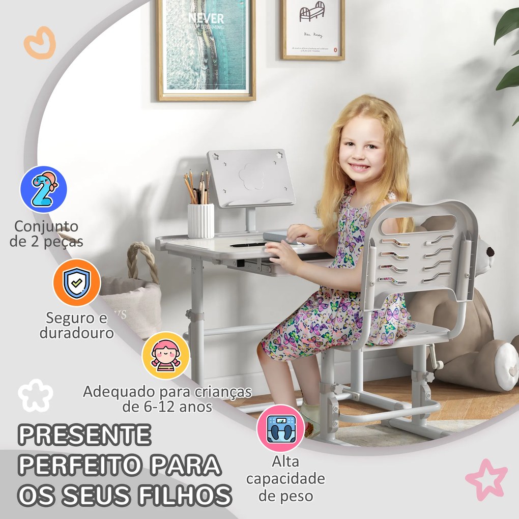 Conjunto de Secretária e Cadeira para Crianças com Altura Ajustável e Ângulo da Mesa Ajustável 80x50x82-104cm Cinza e Branco