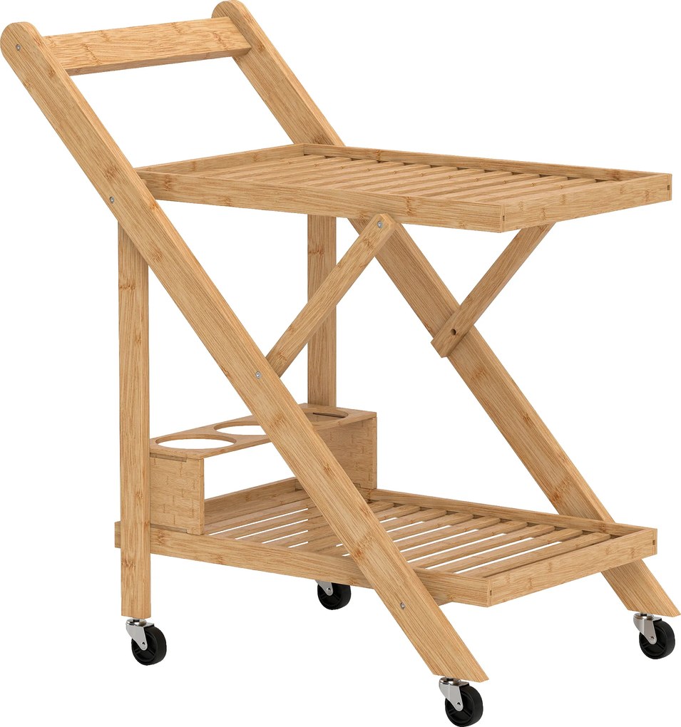 HOMCOM Carrinho de Cozinha em Bambu 2 Tabuleiros 4 Rodas 3 Compartimentos para Vinho 66x40x70 cm Madeira Natural | Aosom Portugal