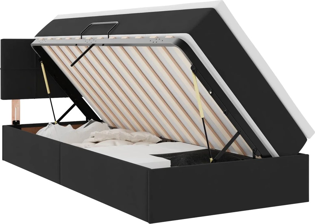 vidaXL Cama com arrumação e LED com colchão Preto 90 x 190 cm Veludo