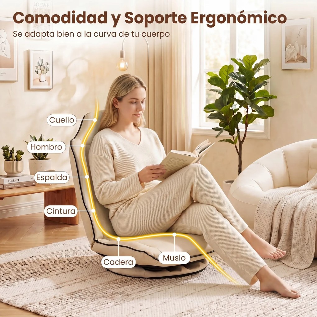 Cadeira de Chão Giratória, 59 x 56 x 77 cm, Encosto Ajustável em 5 Posições, Bege